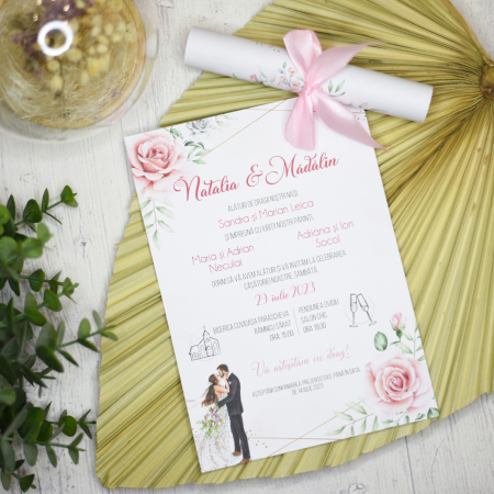 Invitatii - Invitatie nunta TRANDAFIRI ROZ, cu funda - cod: N103