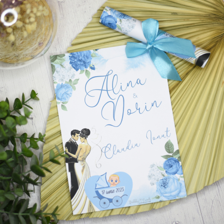 Invitatii - Invitatie nuntez FLORI ALBASTRE, cu funda - cod: NB101