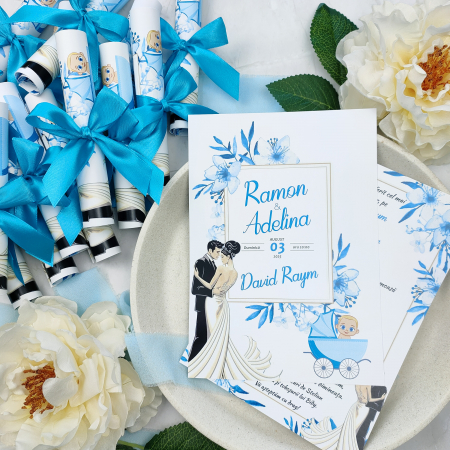Invitatii nunta & botez - Invitatie nuntez FLORI ALBASTRE, MIRI SI BAIETEL, cu funda - cod: NB108