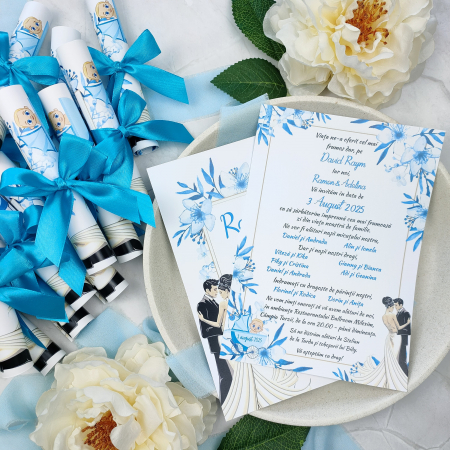 Invitatie nuntez FLORI ALBASTRE, MIRI SI BAIETEL, cu funda - cod: NB108 [1]