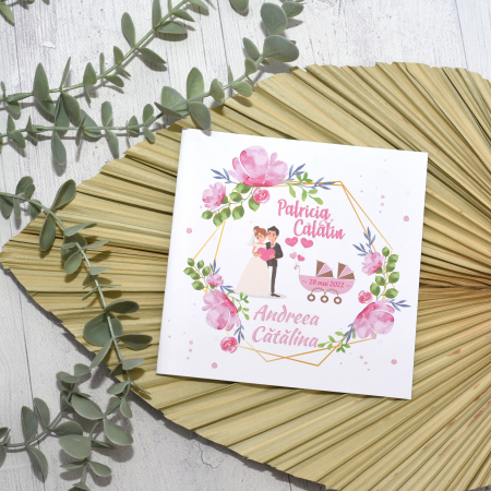 Invitatii nunta & botez - Invitatie nuntez FLORI ROZ, MIRI SI GEMENI FETITE, tip felicitare - cod: NB106
