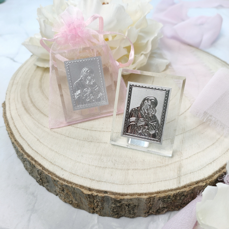Marturii - Marturie nunta/botez ICONITA DIN STICLA, cu saculet roz / albastru, cod: M106