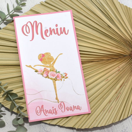 Meniuri botez - Meniu botez, BALERINA CU FLORI, roz, fetita, cod: MB 111
