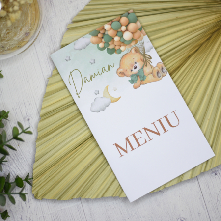Meniuri botez - Meniu botez, URSULET CU BALOANE verzi, baietel, cod: MB 102