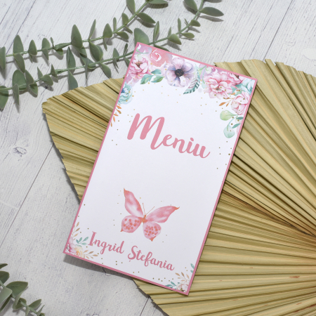 Meniuri botez - Meniu botez, FLUTURI, roz, fetita, cod: MB 103