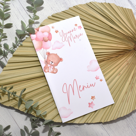 Meniuri botez - Meniu botez, URSULET CU BALOANE, roz, fetita, cod: MB 107