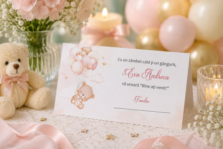 Plicuri de bani Botez - Plic de bani botez URSULET CU BALOANE, roz, fetita cod: PBB109