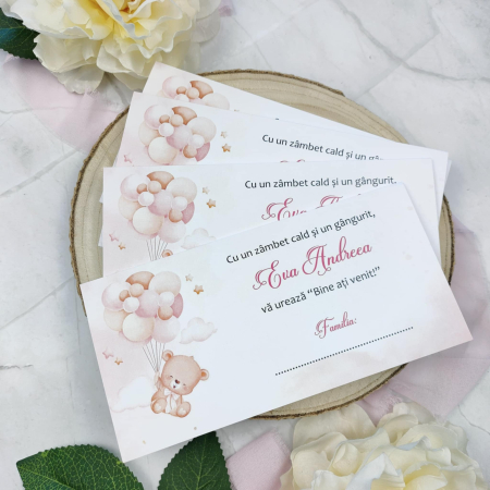 Plicuri de bani Botez - Plic de bani botez URSULET CU BALOANE, roz, fetita cod: PBB109