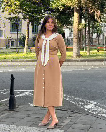 Produse - Rochie Whisper Cappuccino – Eleganță în nuanțe calde | Aroer Studio