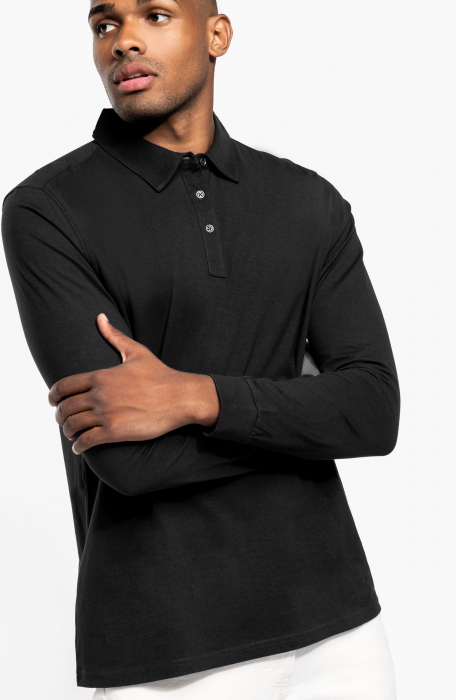 Bluza barbati de bumbac, tricot jerseu, eleganta, cu maneca lunga, fenta cu nasturi metalici, 180 g/m2, Negru [2]