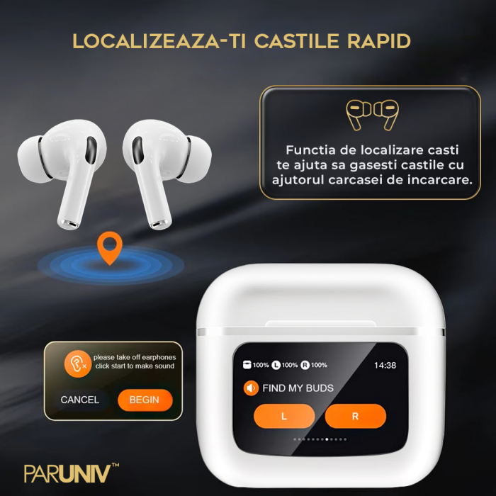 Casti wireless bluetooth cu Touch Screen si Anularea Zgomotului, Audio, Fara fir, In-ear, Bluetooth 5.3, Autonomie 40 ore, Microfon HD, Control tactil/touch, Functie Gasire Casti, Universale, Equalizer cu 5 moduri [6]