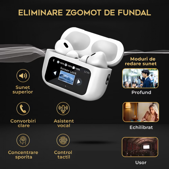 Casti wireless bluetooth cu Touch Screen si Anularea Zgomotului, Audio, Fara fir, In-ear, Bluetooth 5.3, Autonomie 40 ore, Microfon HD, Control tactil/touch, Functie Gasire Casti, Universale, Equalizer cu 5 moduri [10]