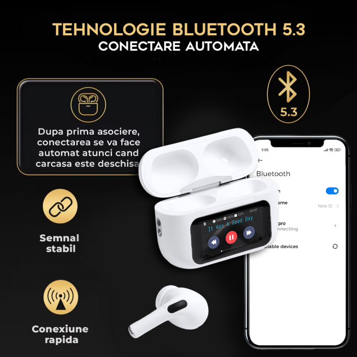 Casti wireless bluetooth cu Touch Screen si Anularea Zgomotului, Audio, Fara fir, In-ear, Bluetooth 5.3, Autonomie 40 ore, Microfon HD, Control tactil/touch, Functie Gasire Casti, Universale, Equalizer cu 5 moduri [9]