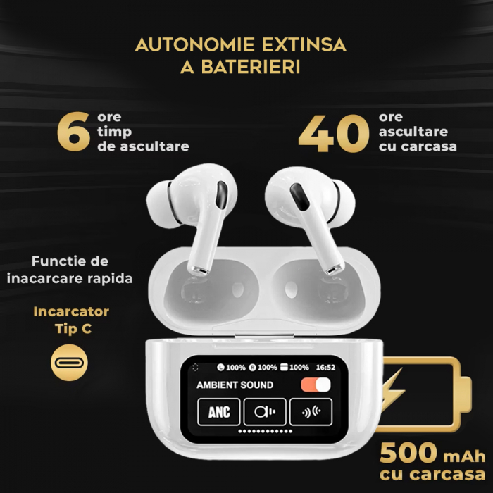 Casti wireless bluetooth cu Touch Screen si Anularea Zgomotului, Audio, Fara fir, In-ear, Bluetooth 5.3, Autonomie 40 ore, Microfon HD, Control tactil/touch, Functie Gasire Casti, Universale, Equalizer cu 5 moduri [8]