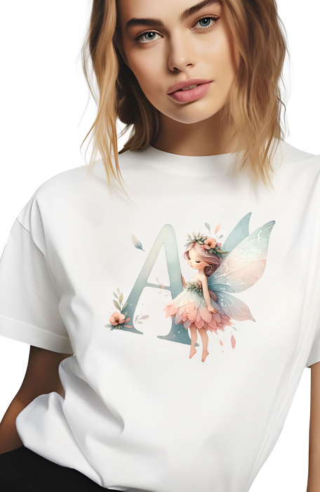Tricou dama, Alfabet, Litera A cu Zana si Flori, Alb [2]