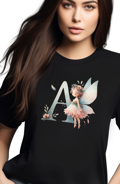 Tricou dama Alfabet Litera A cu Zana si Flori [2]