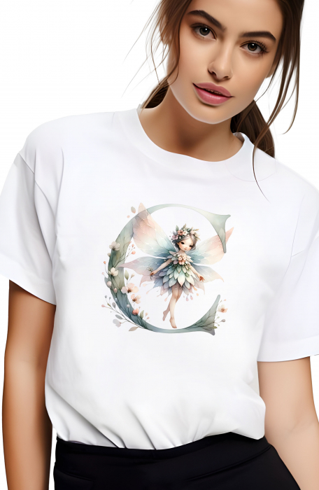 Tricou dama Alfabet Litera C cu Zana si Flori [2]
