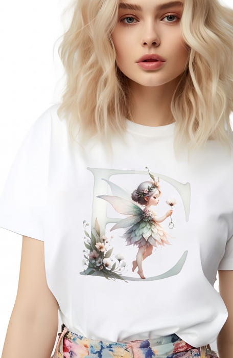 Tricou dama Alfabet Litera E cu Zana si Flori [2]