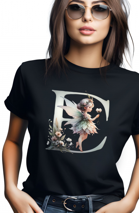 Tricou dama Alfabet Litera E cu Zana si Flori [2]