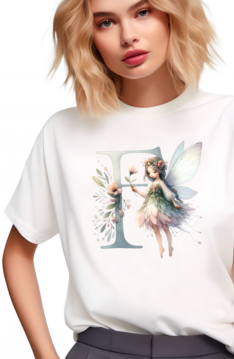 Tricou dama Alfabet Litera F cu Zana si Flori [2]