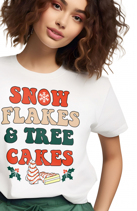 Tricou dama, Craciun, Fulgi de zapada, Brazi si Prajituri, Alb [3]