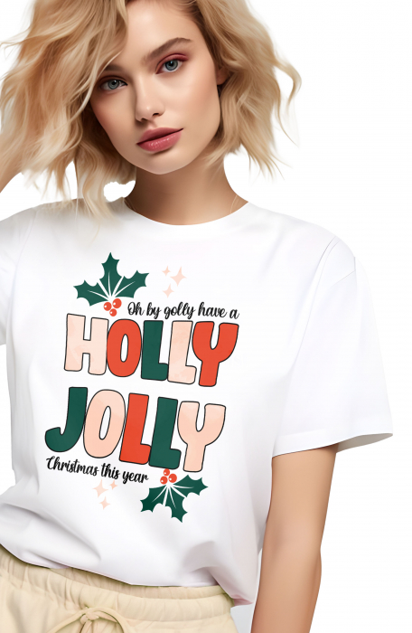 Tricou dama, Craciun, Holly Jolly, Alb [3]