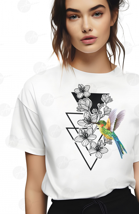 Tricou dama, Flori, Colibri, Abstract, Alb [2]