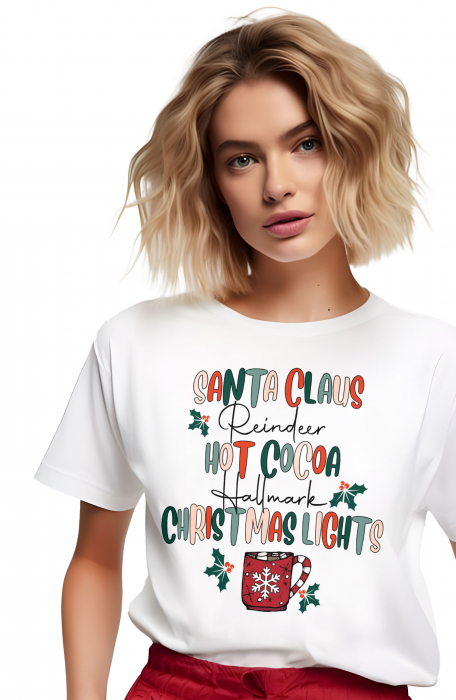 Tricou dama, Mos Craciun, Ciocolata calda si Lumini colorate, Alb [2]