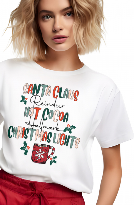Tricou dama, Mos Craciun, Ciocolata calda si Lumini colorate, Alb [3]
