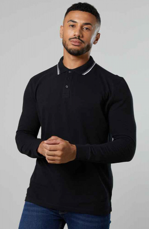 Bluze Barbati - Bluza barbati de bumbac, tip polo cu maneca lunga, dungi contrastante la guler elegant