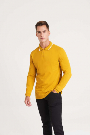 Bluze Barbati - Bluza barbati de bumbac, tip polo cu maneca lunga, dungi contrastante la guler elegant