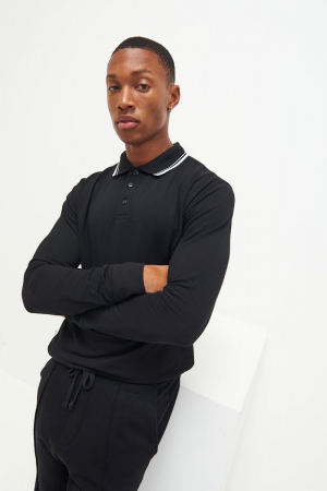 Bluze Barbati - Bluza barbati de bumbac, tip polo cu maneca lunga, dungi contrastante la guler elegant