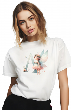 Tricouri imprimeu Dama - Tricou dama, Alfabet, Litera A cu Zana si Flori, Alb