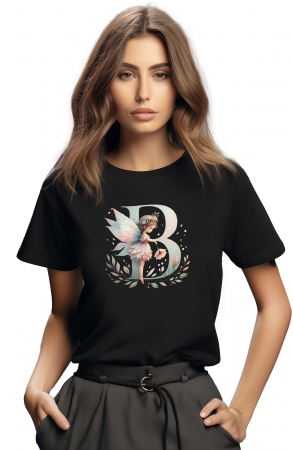 Tricouri imprimeu Dama - Tricou dama Alfabet Litera B cu Zana si Flori