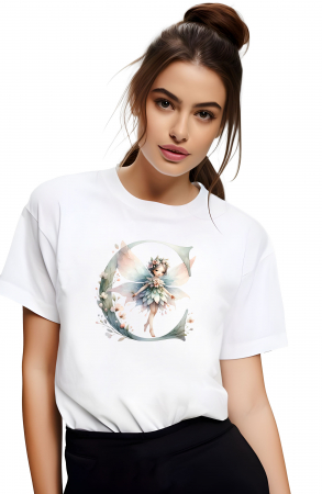 Tricouri imprimeu Dama - Tricou dama Alfabet Litera C cu Zana si Flori