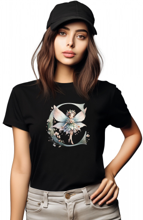 Tricouri imprimeu Dama - Tricou dama Alfabet Litera C cu Zana si Flori