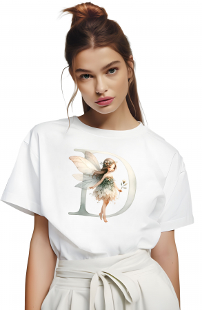 Tricouri imprimeu Dama - Tricou dama Alfabet Litera D cu Zana si Flori