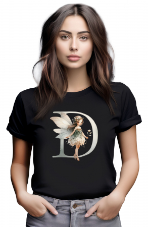 Tricouri imprimeu Dama - Tricou dama Alfabet Litera D cu Zana si Flori