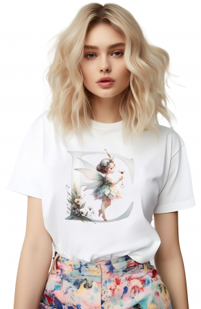 Tricouri imprimeu Dama - Tricou dama Alfabet Litera E cu Zana si Flori