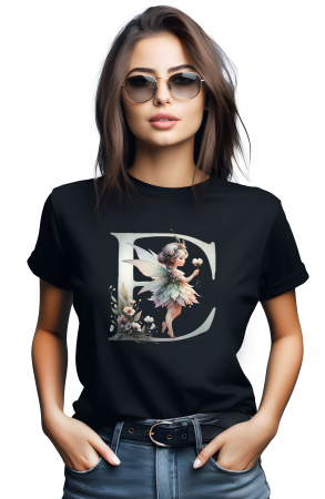 Tricouri imprimeu Dama - Tricou dama Alfabet Litera E cu Zana si Flori
