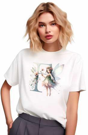 Tricouri imprimeu Dama - Tricou dama Alfabet Litera F cu Zana si Flori