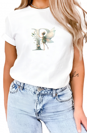 Alfabet - Tricou dama Alfabet Litera P cu Zana si Flori