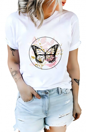 Tricouri imprimeu Dama - Tricou dama, Butterflies, Flowers, Alb