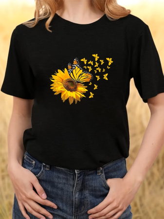 Tricouri imprimeu Dama - Tricou dama Sunflower with Butterfly este inspirat din energia pozitiva a florii-soarelui si delicatetea fluturelui.