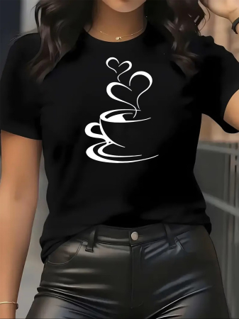 Coffee - Tricou dama Coffee whit Hearts, ceasca de cafea cu inimioare