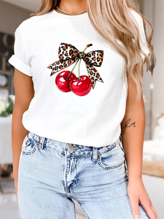 Tricouri imprimeu Dama - Tricou dama Cherry With Bow, din bumbac 100%, decolteu la baza gatului, cusaturi laterale