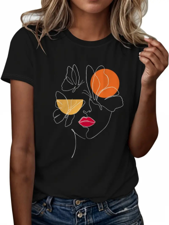 Tricouri imprimeu Dama - Tricou dama Abstract Face and Butterflies