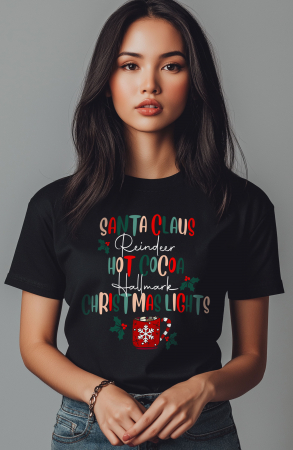 Craciun - Tricou dama, Mos Craciun, Ciocolata calda si Lumini colorate