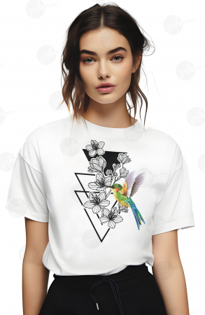 Tricouri imprimeu Dama - Tricou dama, Flori, Colibri, Abstract, Alb