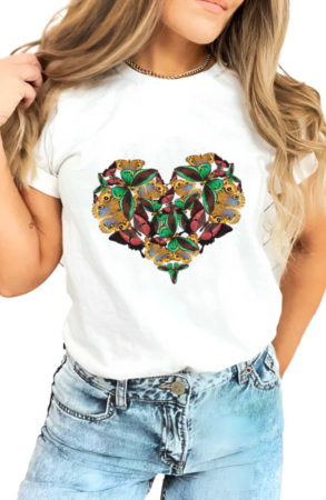 Tricouri imprimeu Dama - Tricou dama, Fluturi Inima, Alb